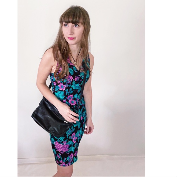 80s / 90s petite jazz bold floral mini dress - VTG black purple teal sheath - Picture 4 of 11